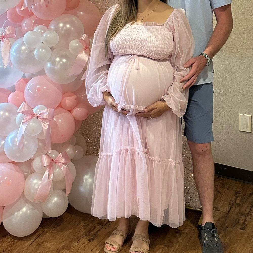 Pink mesh material maternity dress